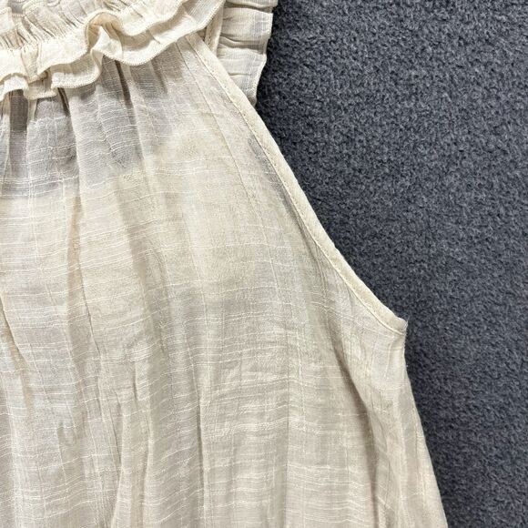 Mine Top Womens Small‎ Beige Ruffle Sleeveless Blouse semi sheer flower neck - Picture 12 of 14